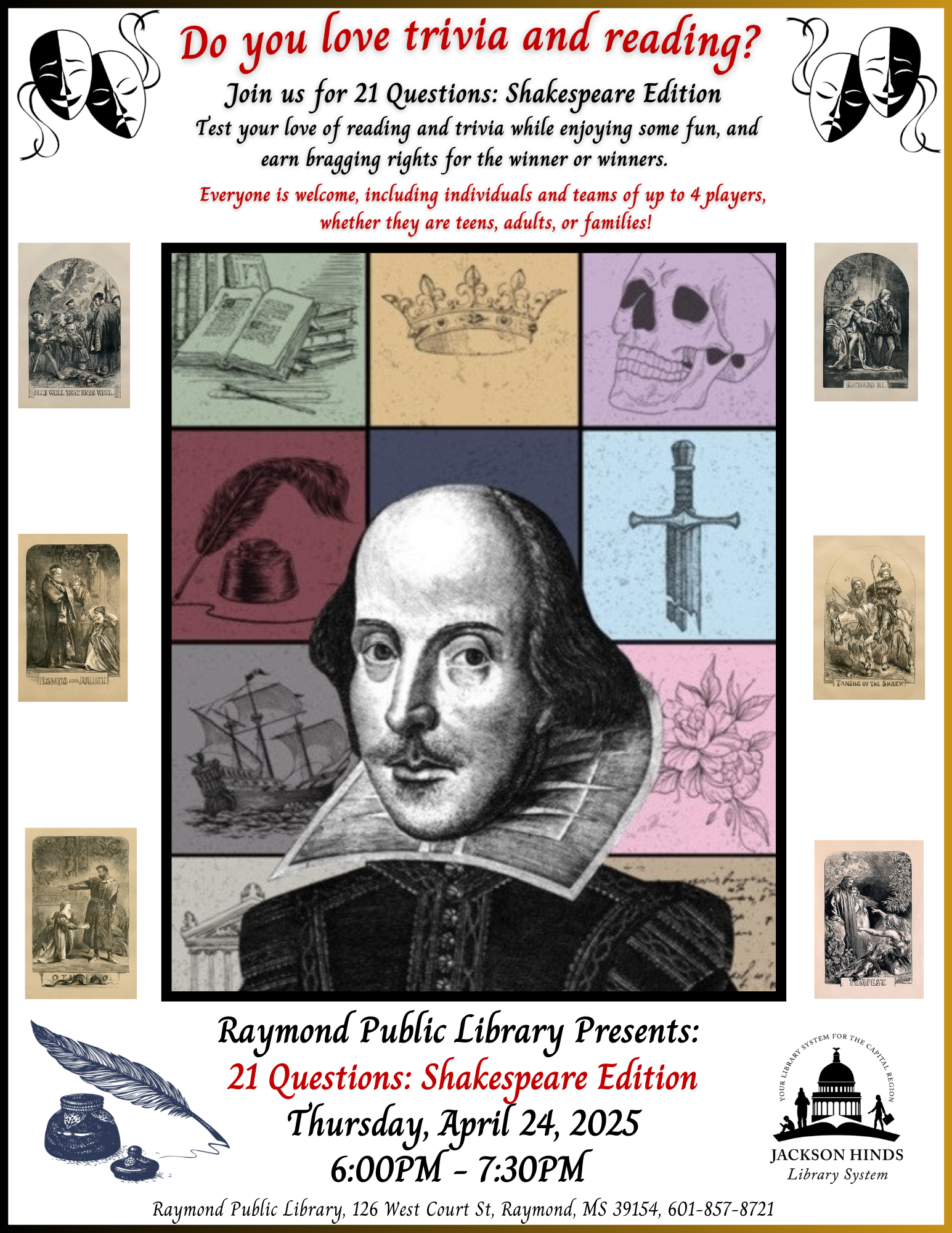 A colorful flyer promoting an event titled '21 Questions to Shakespeare.' Features a dramatic image of a quill, aged parchment, and Shakespeare's silhouette, with details about the event taking place at 6 PM on April 24 at the Raymond Library.
