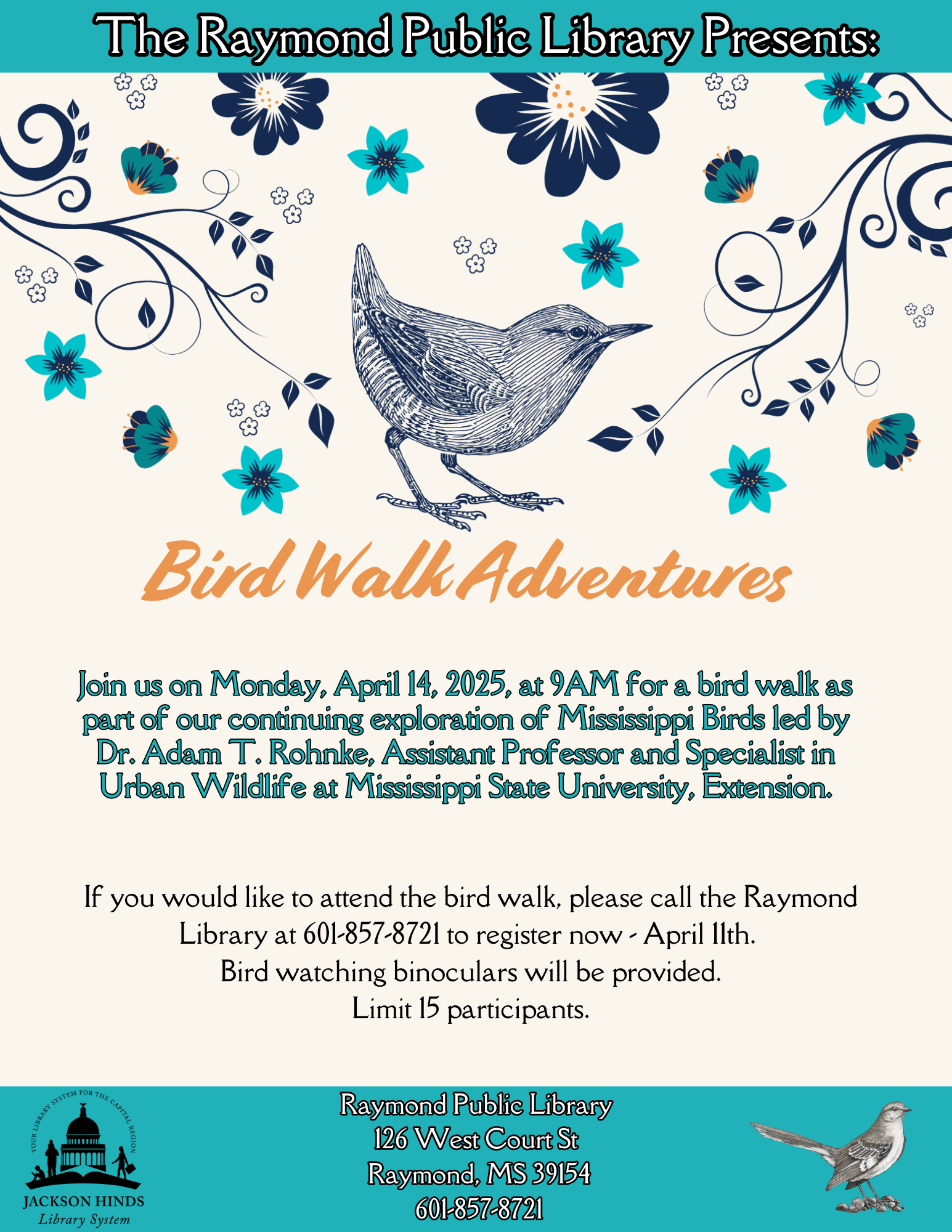 An illustrated flyer featuring vibrant images of birds in their natural habitats, surrounded by trees and greenery. The text provides details about an upcoming bird-watching adventure, including the date, time, and location, with a welcoming and adventurous theme.