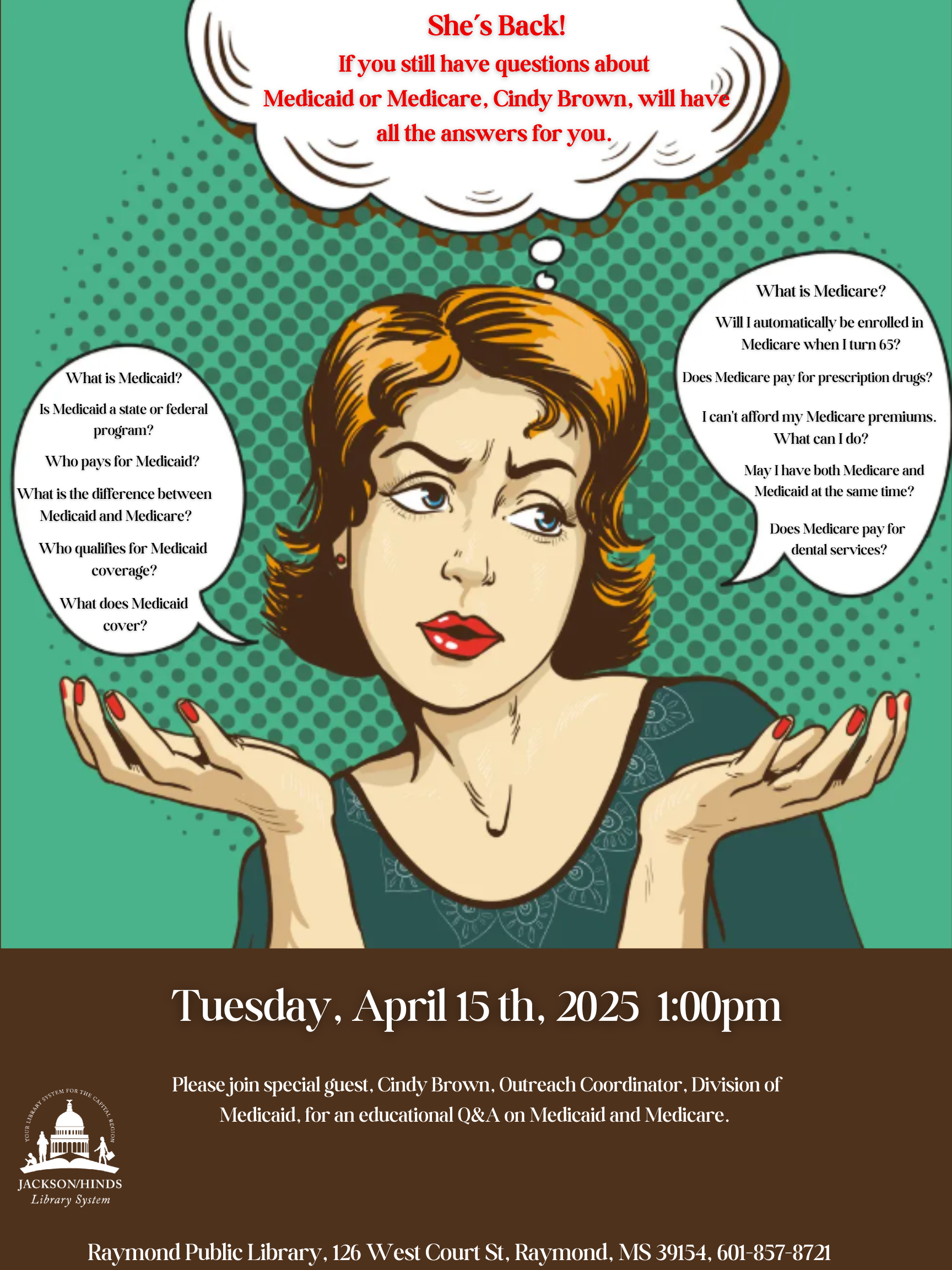 A flyer promoting the Medicaid/Medicare Q&A session, featuring images of healthcare professionals, senior individuals, and informative icons, with text highlighting the opportunity to ask questions and gain insights about Medicaid and Medicare.
