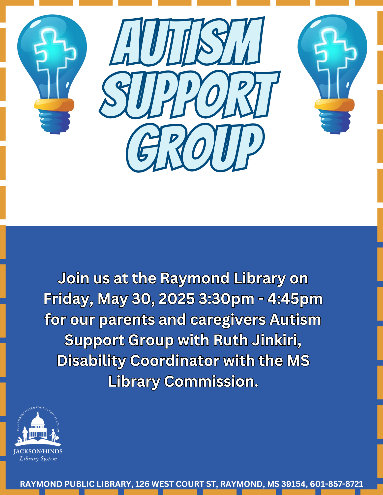  A flyer for a parents and caregivers autism support group. The flyer features a warm, inviting design with an image of diverse families supporting one another. It includes details on meeting times, location, and contact information for support and resources.
