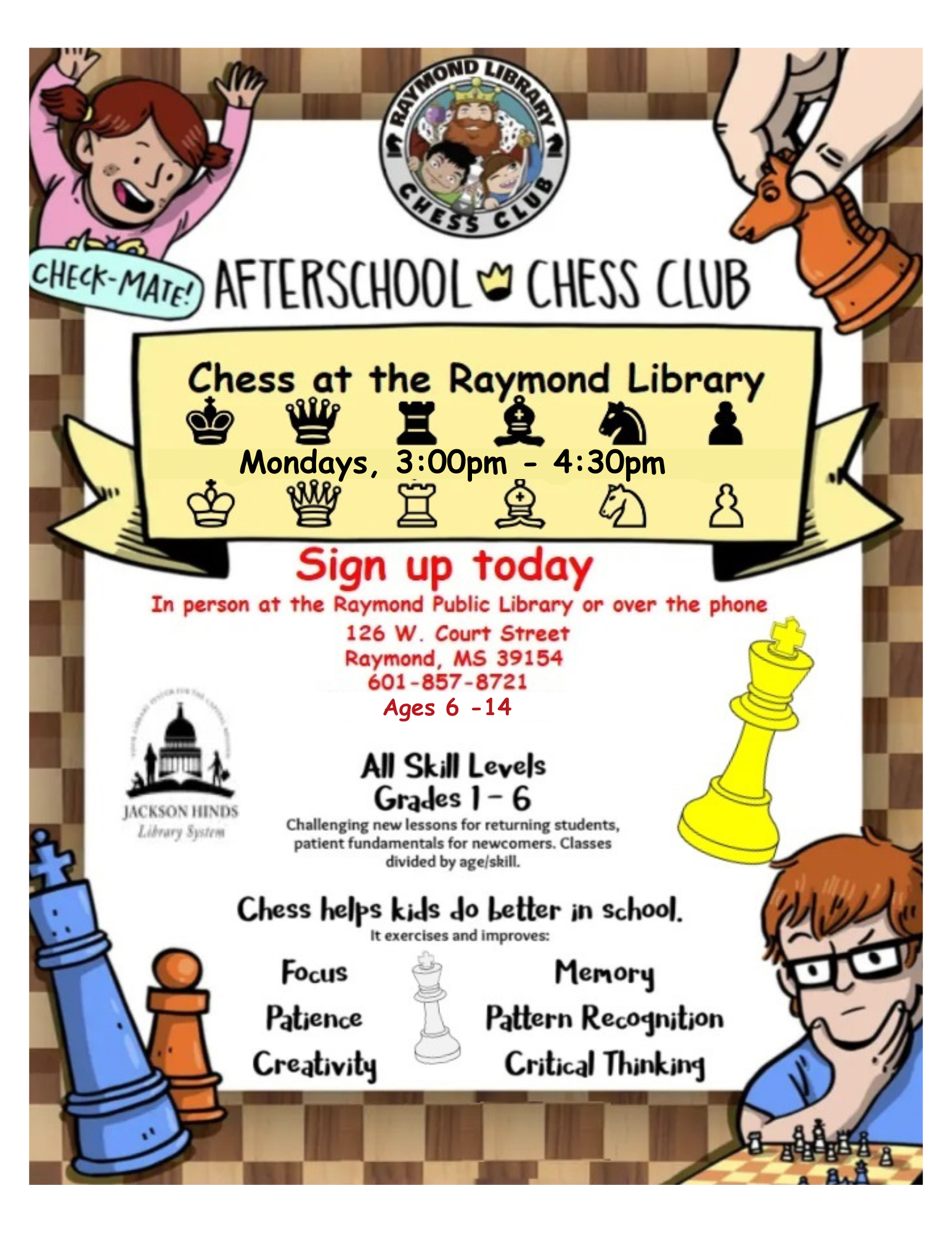 Afterschool Chess Club flyer featuring a checkered chessboard background