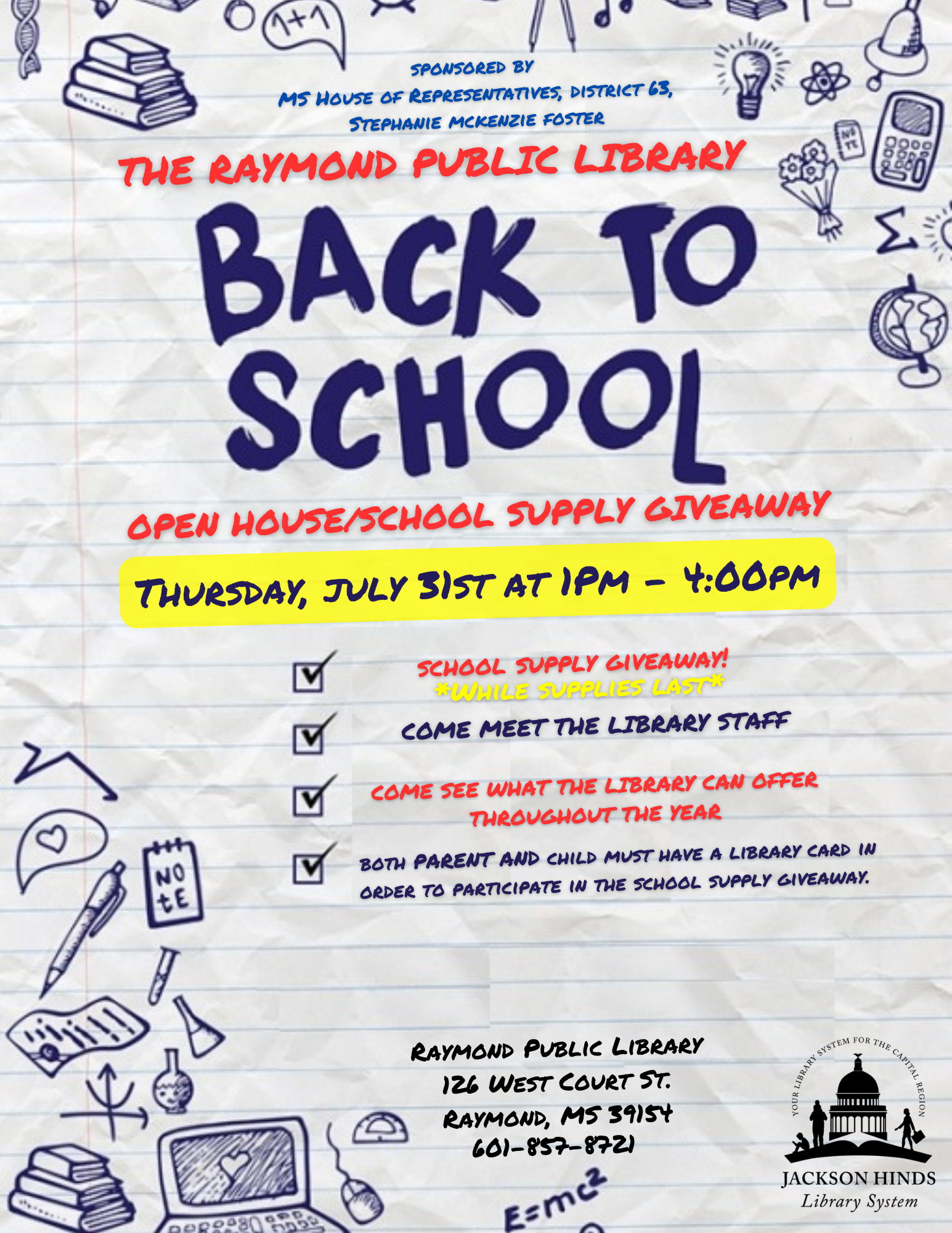 Flyer for Raymond Library’s Open House and Back-to-School event, 