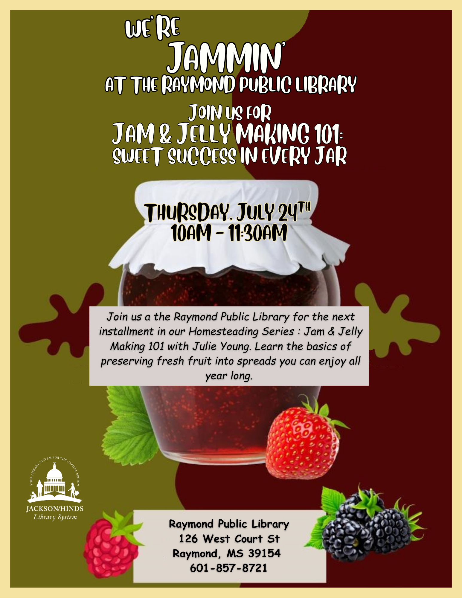 Flyer for ‘Jam and Jelly Making 101’ featuring colorful jars