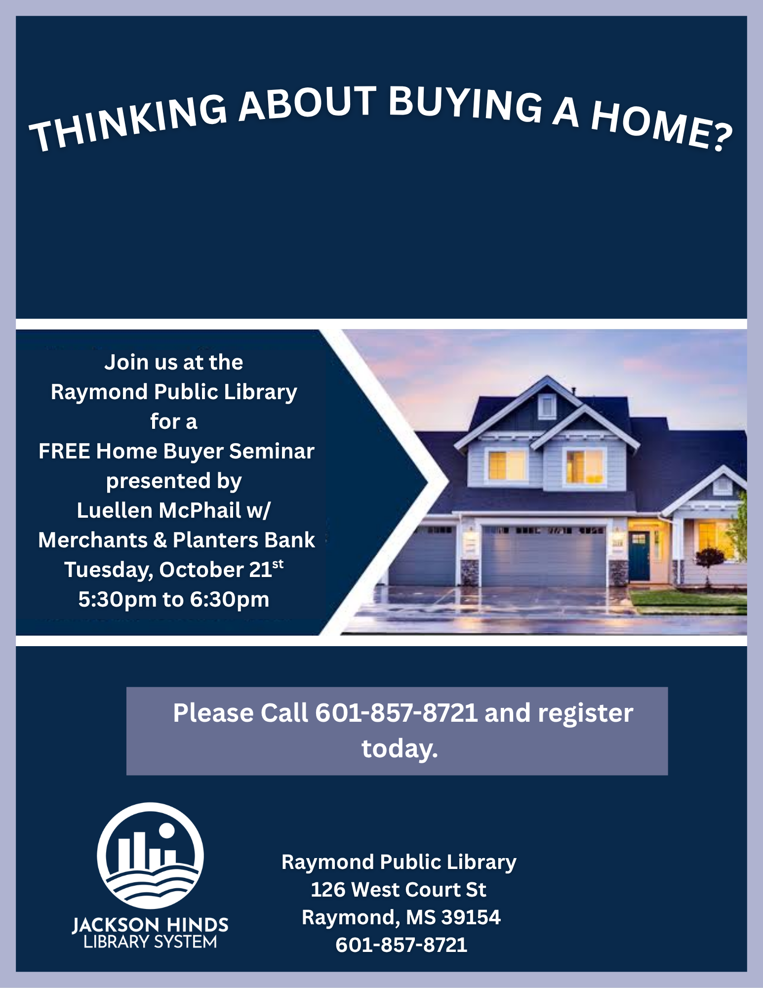 Thinking About Buying a Home?' with key steps and resources for first-time homebuyers, including budgeting tips, mortgage basics, and contact information for housing assistance.