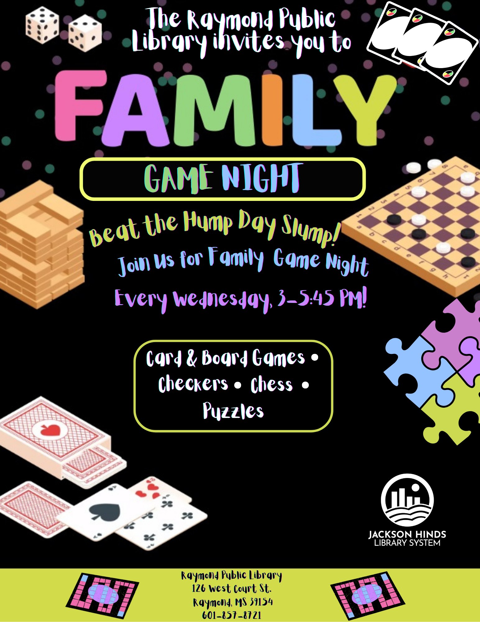  Shows board games, dice, and cards with inviting text encouraging families to join for an evening of fun, laughter, and friendly competition.