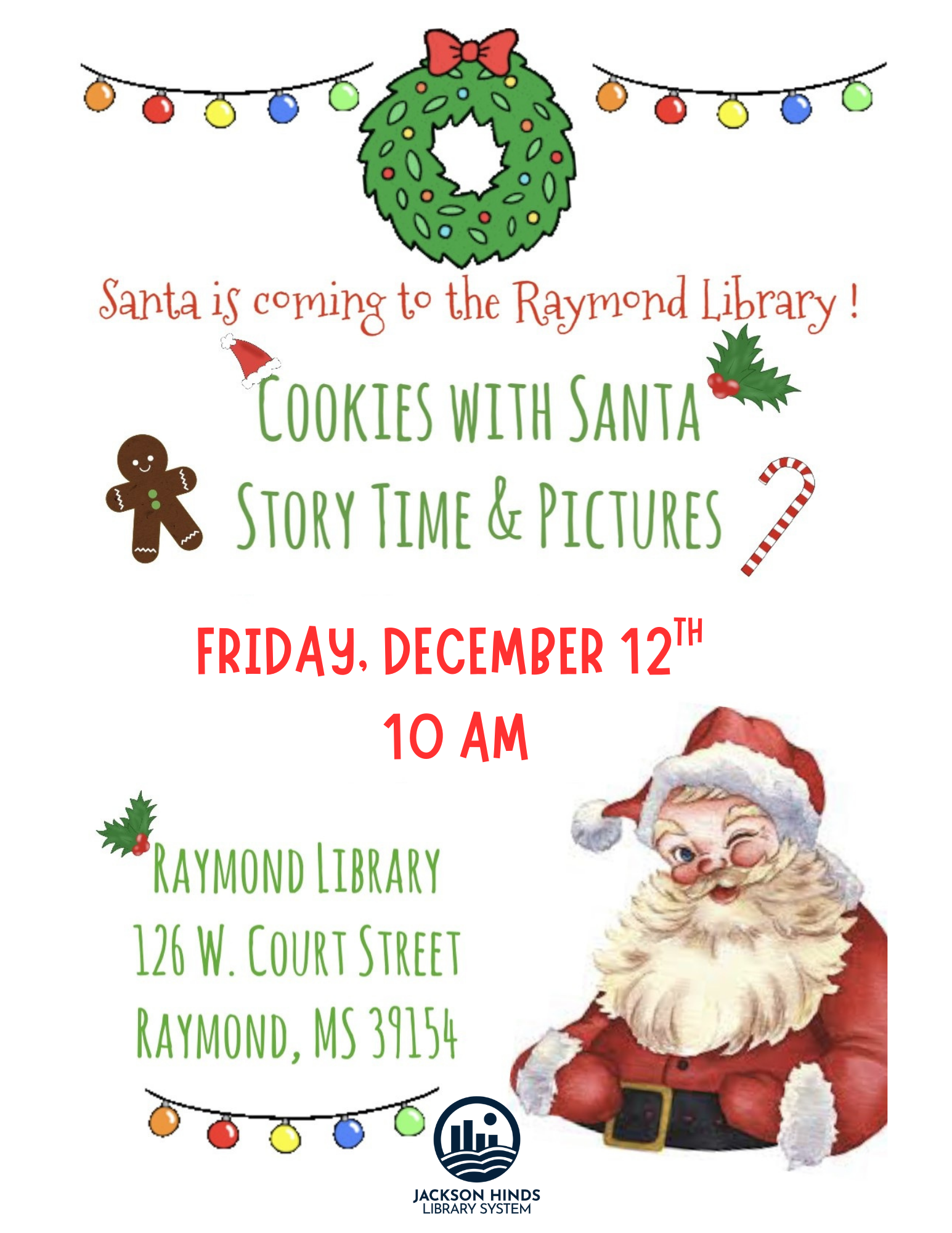 Cookies with Santa event at Raymond Public Library, December 12 at 10 a.m.