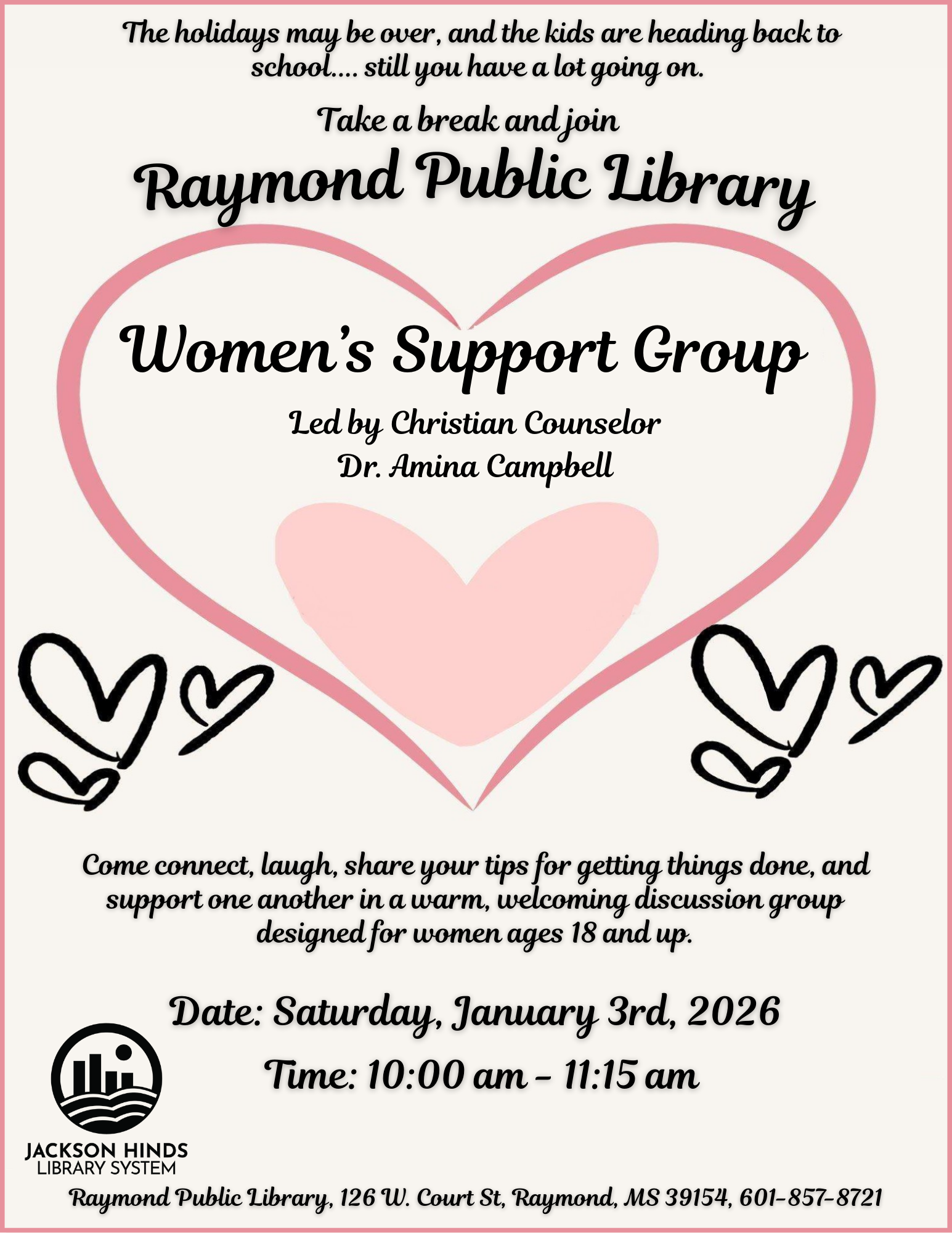 Flyer for Raymond Public Library Women’s Support