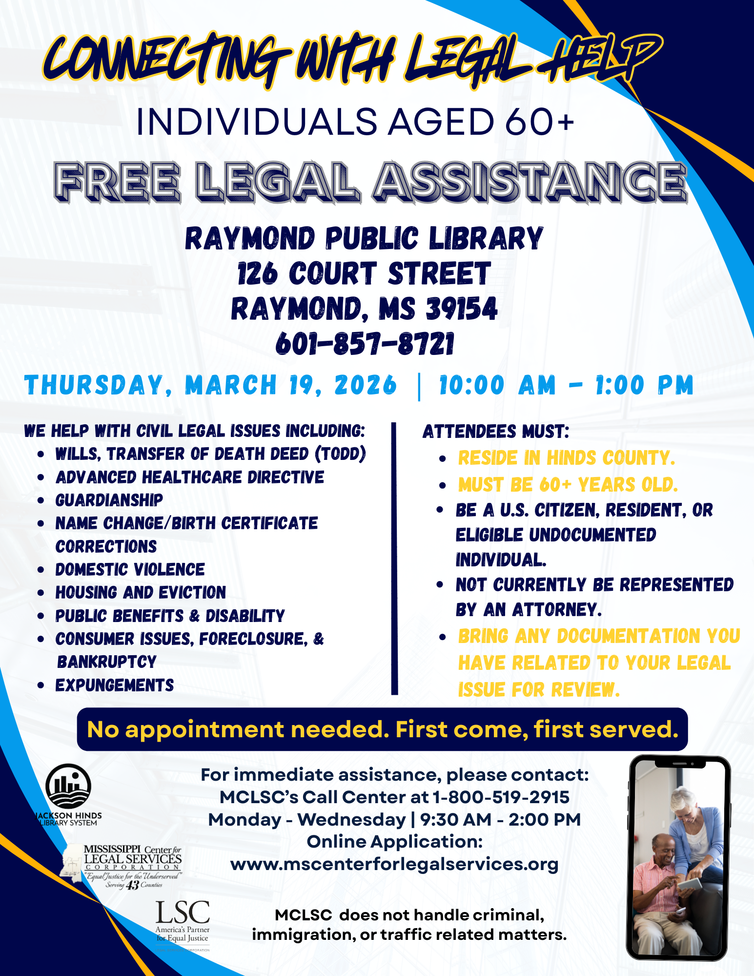 Flyer advertising free legal assistance for seniors ages 60 and older, featuring supportive imagery and details about how seniors can access legal help at the library.