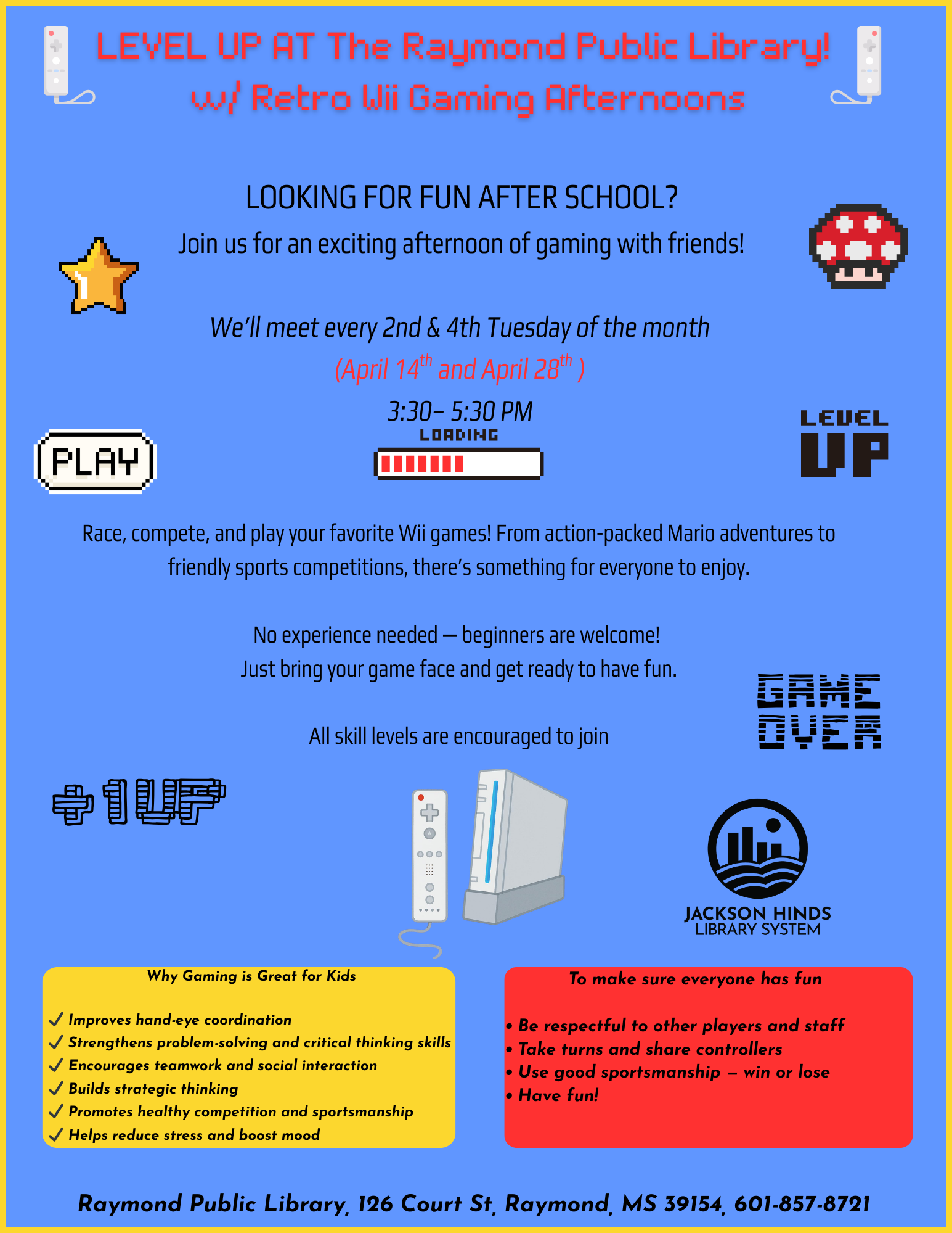 Flyer for the Raymond Public Library promoting ‘Level Up wit