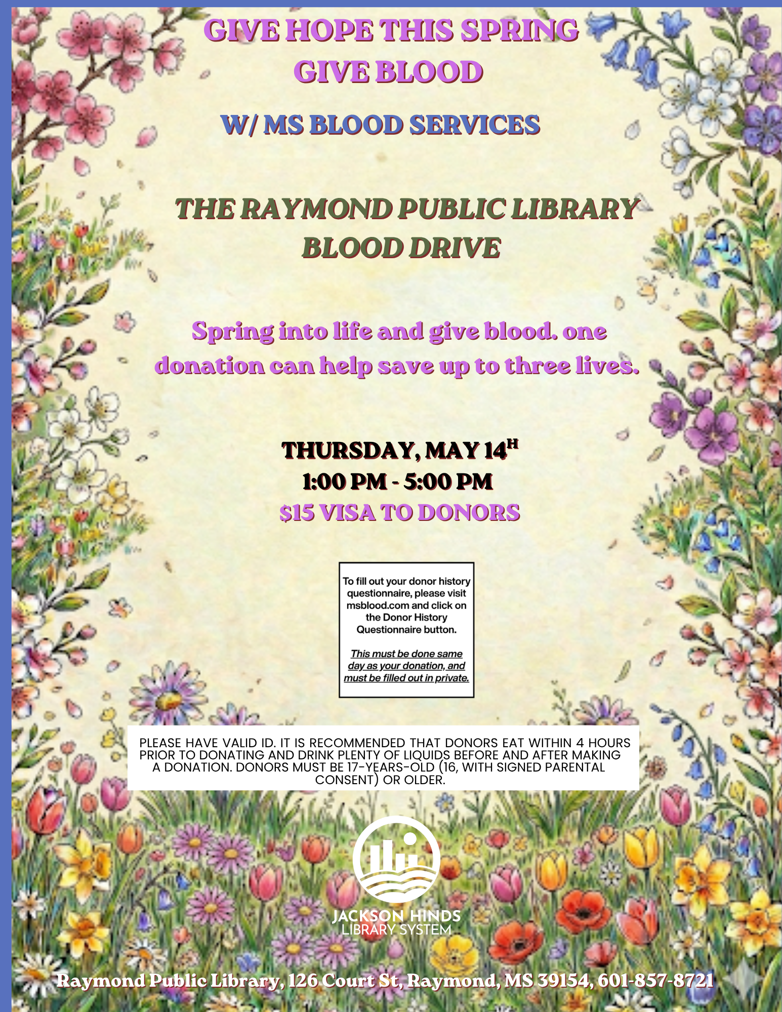 Raymond Public Library Spring Blood Drive on May 14, from 1–5 PM