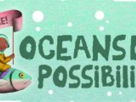 Oceans of Possibilities graphic depicting two children sitting on a fish, one holding a flag that reads "Read More!" and another reading a book