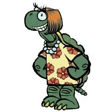 An illustrated turtle with a bob haircut, pearls, and flowery dress smiles at the camera.