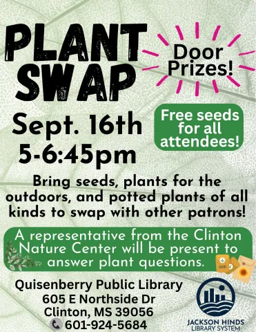 Plant swap sept 16th 5-6:45pm. Bring plants, pots and other plant accessories to swap with other plant lovers.