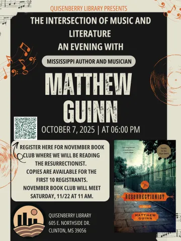 Join us for a special evening with Mississippi author and musician Matthew Guinn as he explores the rich intersection between music and literature. Matthew will discuss how storytelling and sound influence each other—and share some of his own music with us.