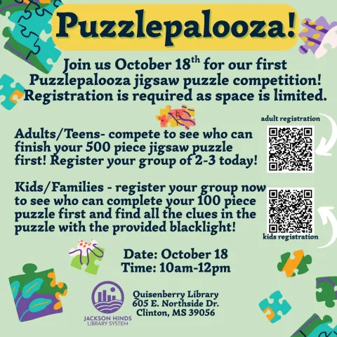 Adults/Teens- compete to see who can finish your 500 piece jigsaw puzzle first! Register your group of 2-3 today!  Kids/Families - register your group now to see who can complete your 100 piece puzzle first and find all the clues in the puzzle with the provided blacklight!
