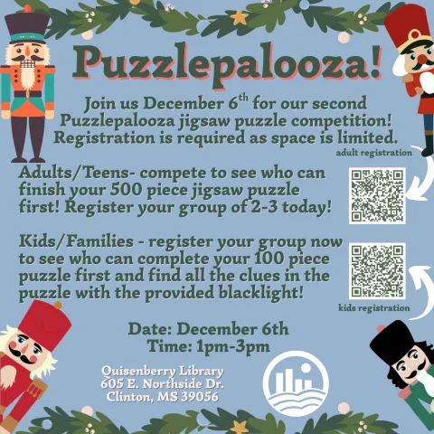 Join us December 6th for our second Puzzlepalooza jigsaw puzzle competition! Registration is required as space is limited.