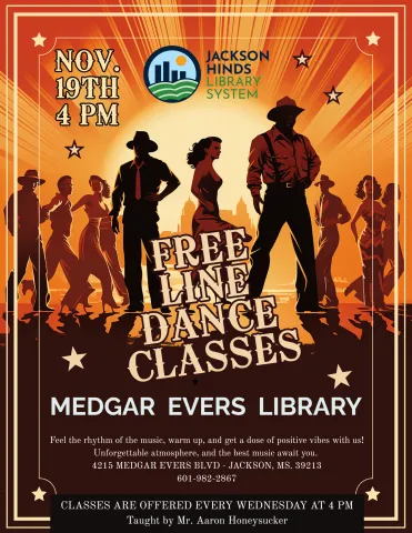 Flyer publicizing free line dance classes at the Medgar Evers Library on Wednesdays at 4:00 PM with instructor Aaron Honeysucker.  