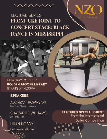 Flyer for Black Dance in Mississippi lecture, Feb 27 at 4PM, Bolden/Moore Library.