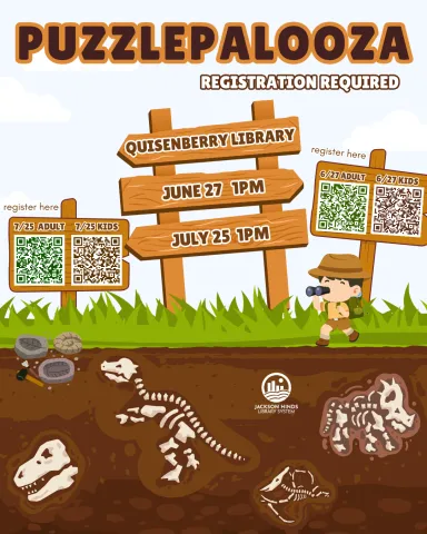 puzzlepalooza at quisenberry library june 27 and july 25 at 1:00 with registration required