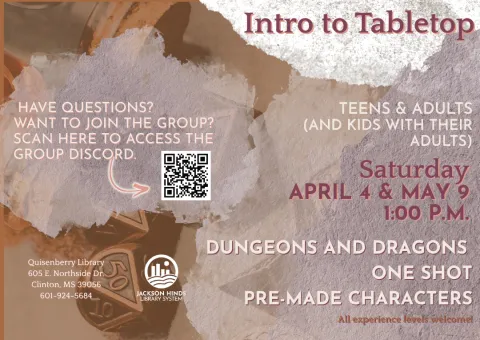 flyer for intro to tabletop at quisenberry library on saturdays april 4 and may 9 at 1:00pm