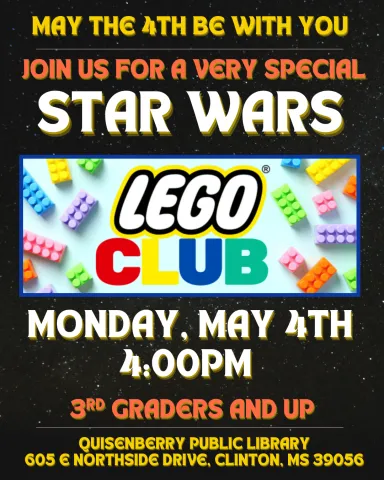 flyer for lego club at quisenberry library every monday at 4:00 for 3rd graders and older