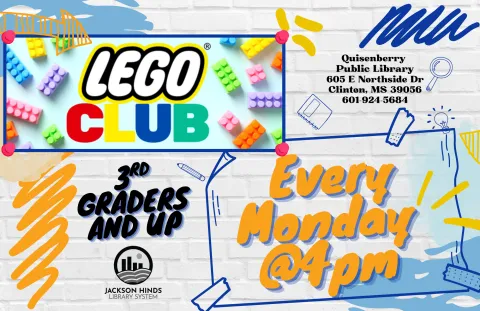 flyer for lego club at quisenberry library every monday at 4:00 for 3rd graders and older