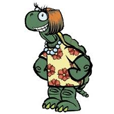 An illustrated turtle with a bob haircut, pearls, and flowery dress smiles at the camera.