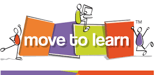  "Move to Learn" is spelled out over four books while children play around them.
