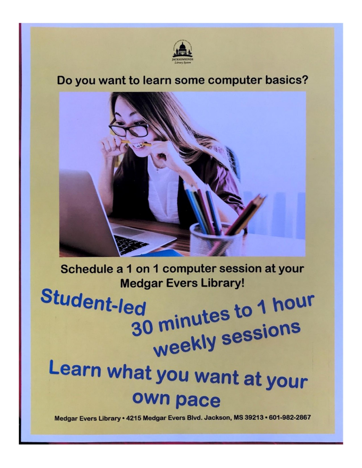 Flyer for 1 on 1 Computer session at the Medgar Evers Library.