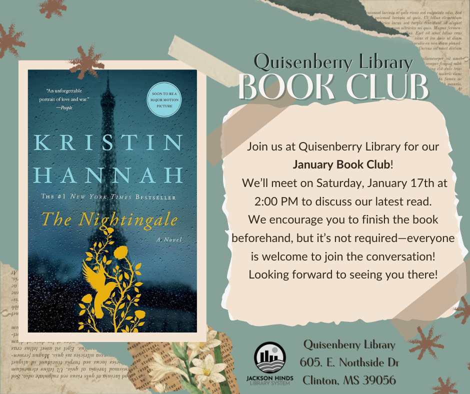 Join us for January book club where we will discuss Kristen Hannah's The Nightingale.