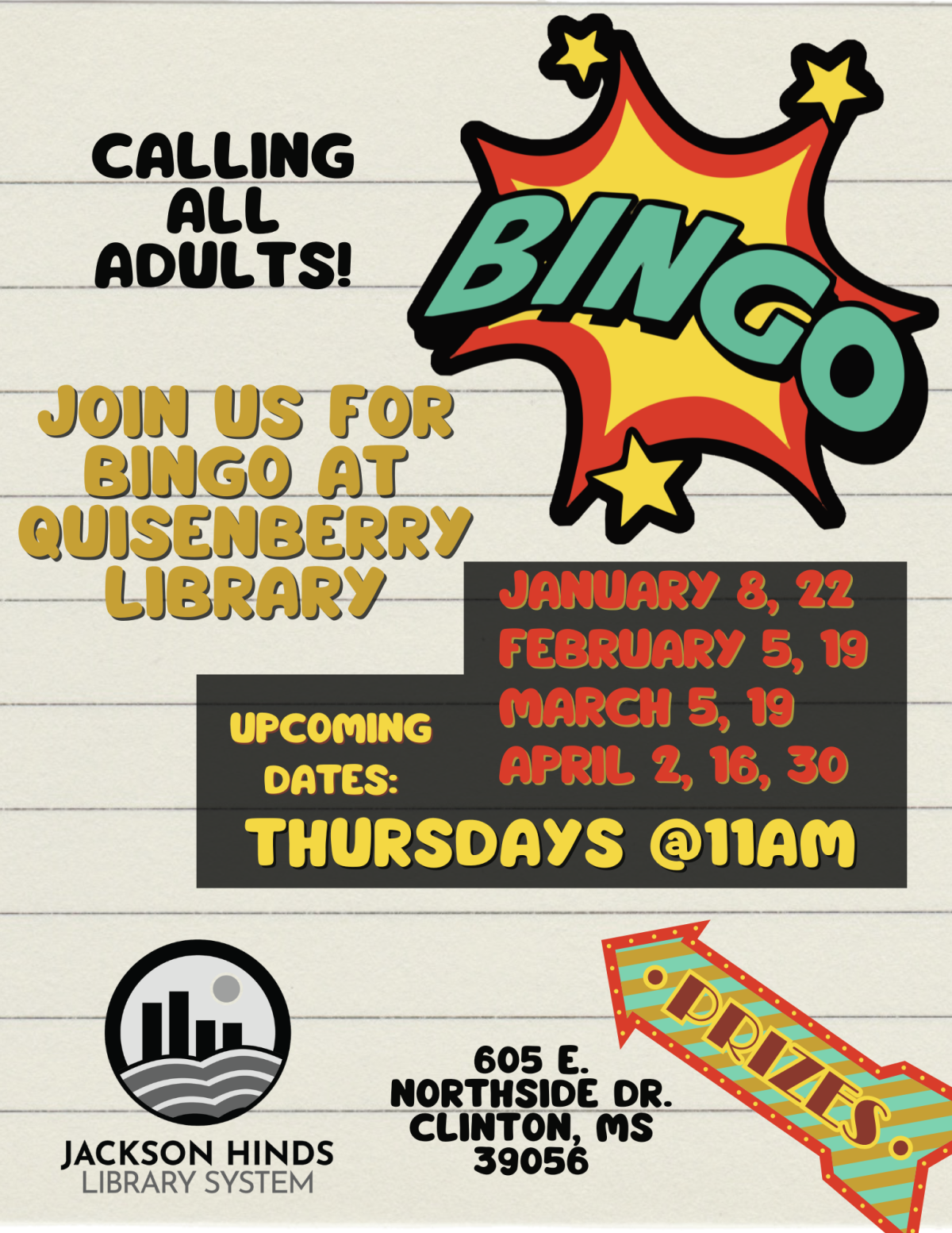 join us for adult bingo! Every other thursday at 11 am