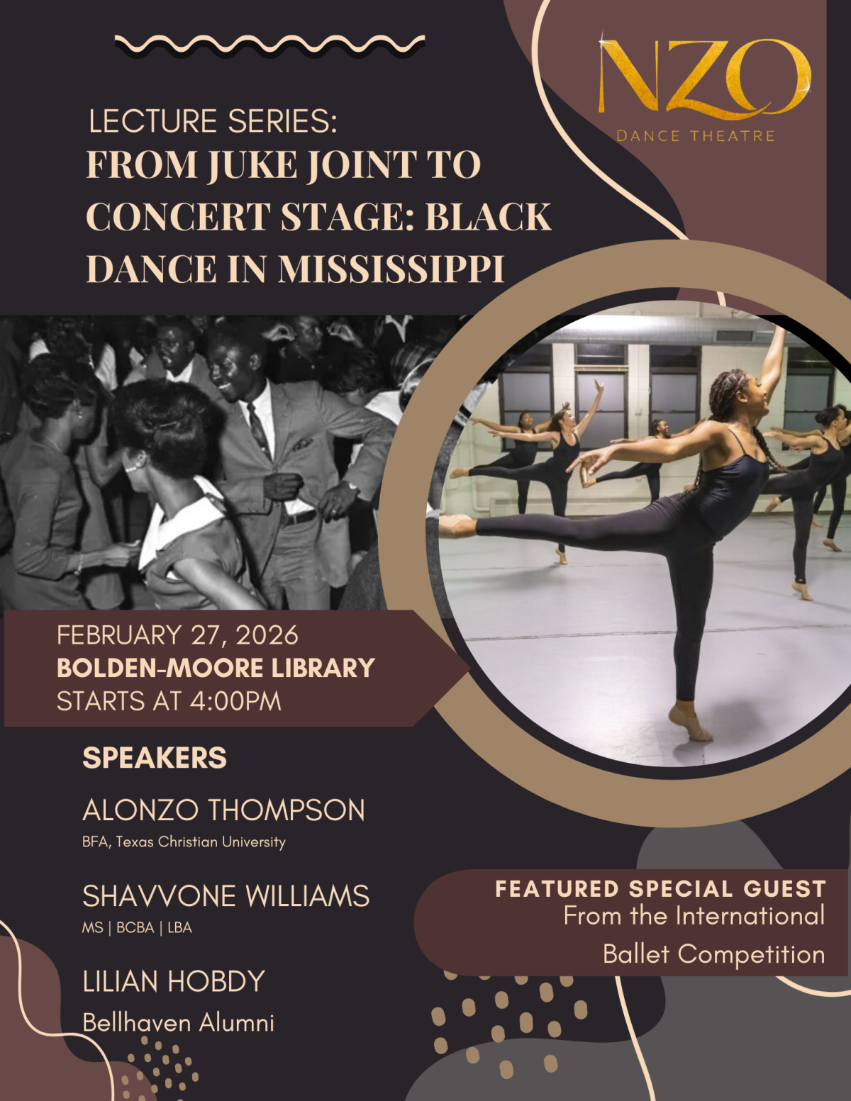 Flyer for Black Dance in Mississippi lecture, Feb 27 at 4PM, Bolden/Moore Library.