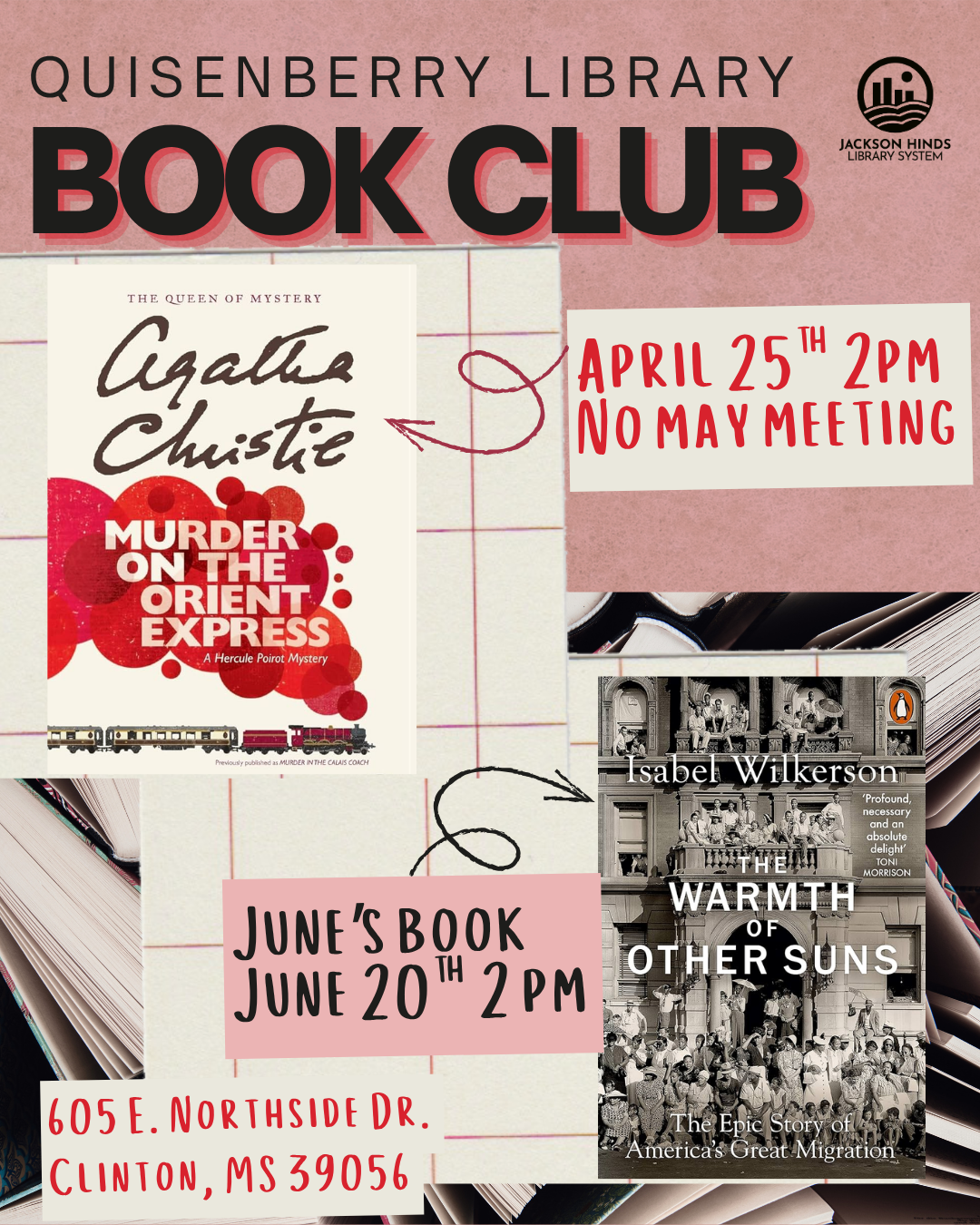 book club at quisenberry library on april 25th and june 20th at 2:00pm