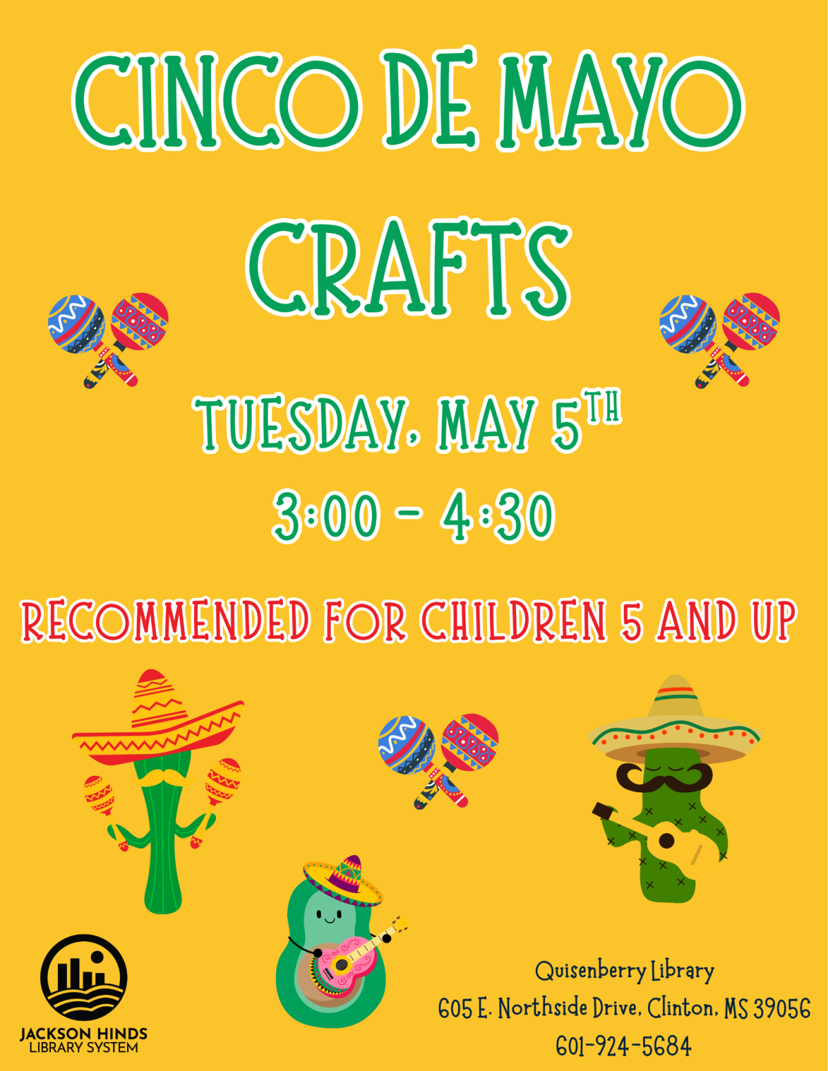 cinco de mayo crafts at quisenberry library on tuesday may 5th from 3:00pm until 4:30pm