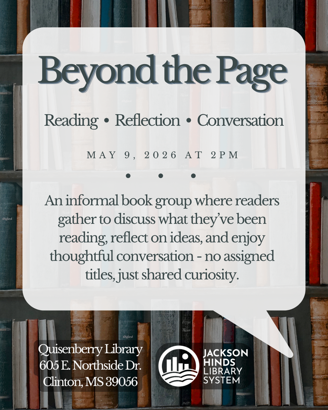 beyond the page book club at quisenberry library may 9th at 2:00pm
