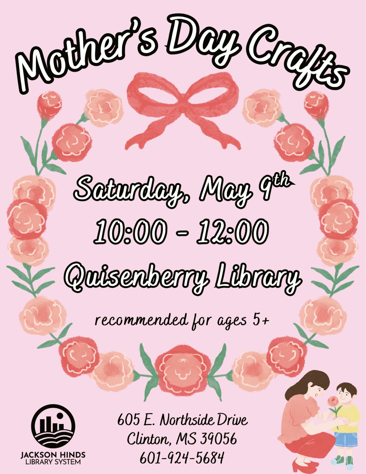 flyer for mother's day crafts at quisenberry library on saturday may 9th from 10:00am until 12:00pm