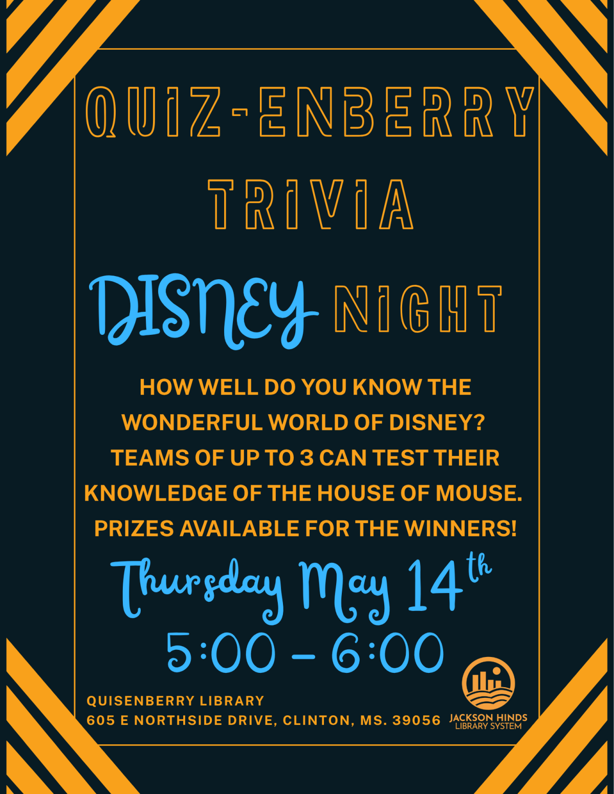 quizenberry disney trivia night on thursday may 14th at 5:00pm