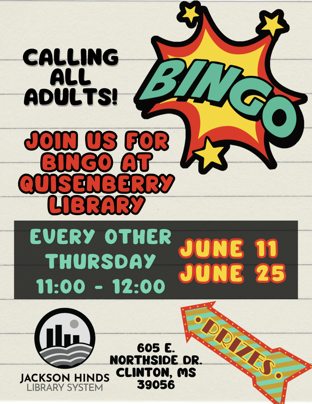 bingo at quisenberry library every other thursday at 11:00am - june 11 and june 25
