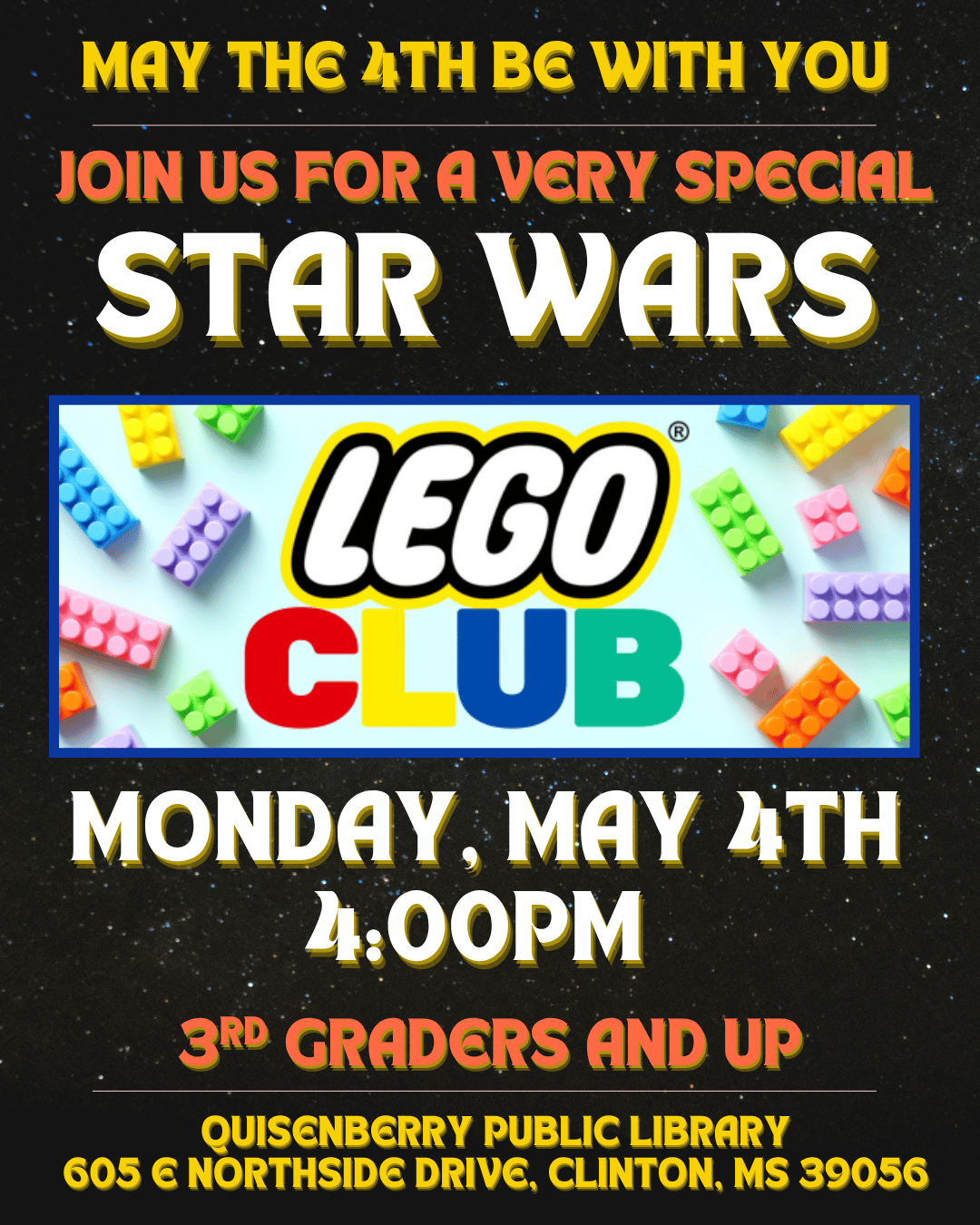 flyer for lego club at quisenberry library every monday at 4:00 for 3rd graders and older