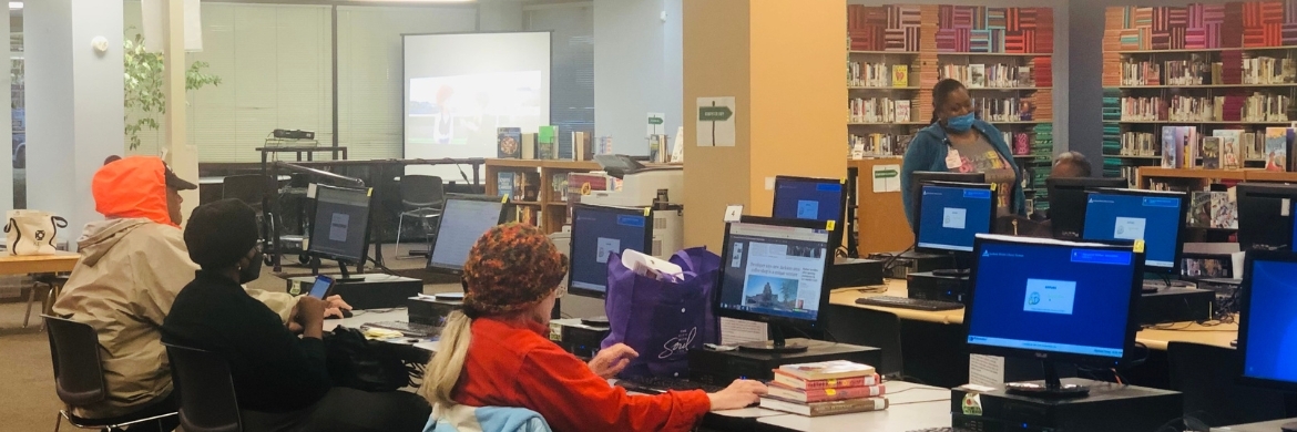 People using the computers at the Margaret Walker Alexander Library